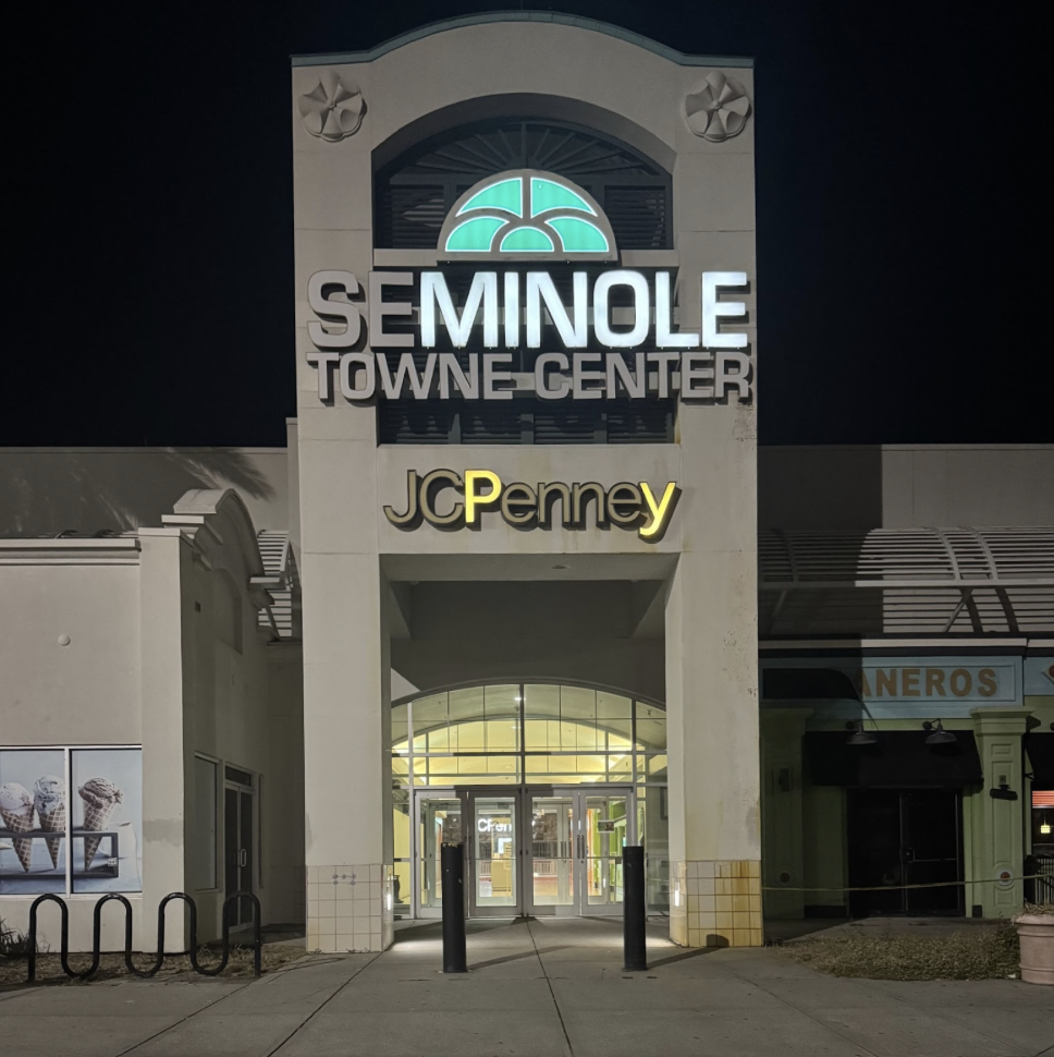 The Seminole Towne Center is empty with broken lights.